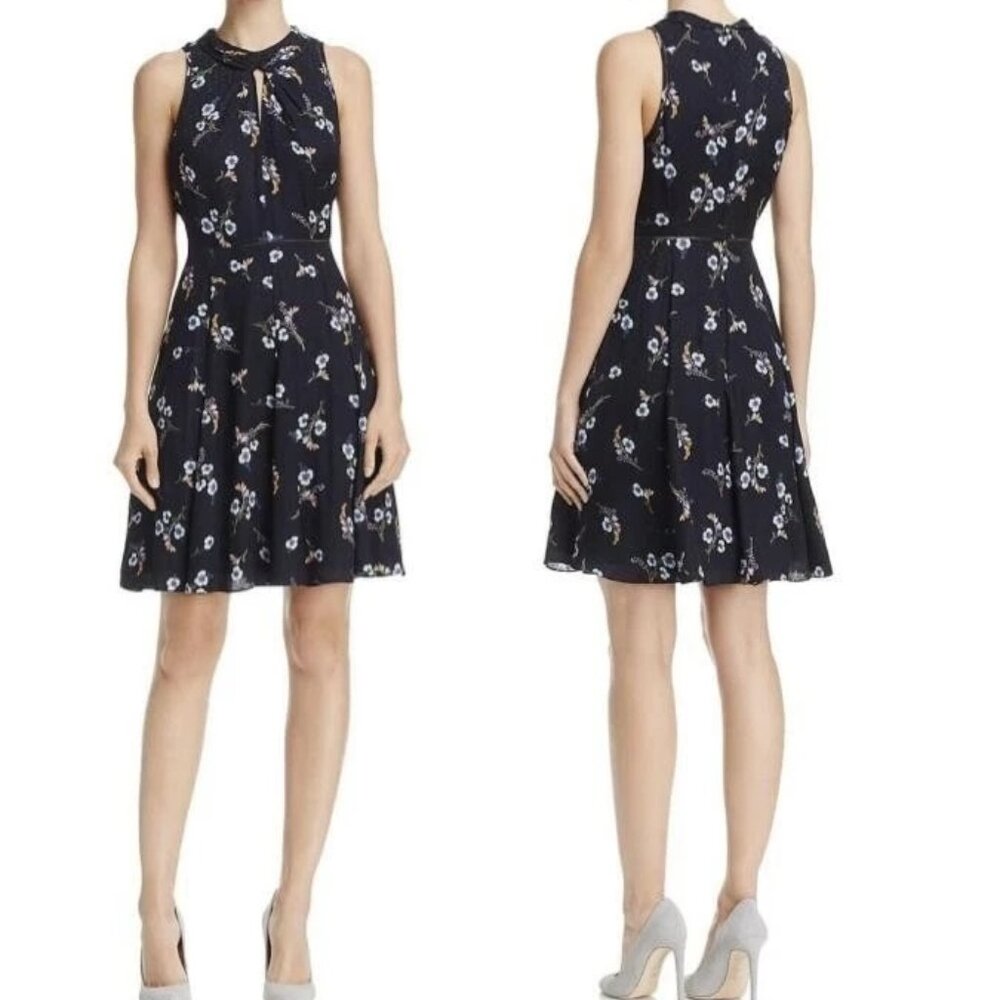 Rebecca Taylor Dress Women Size 6 Blue Wildflower Silk Jacquard Floral